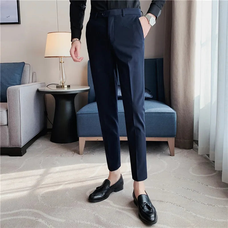 Threebooy  New Men Non-iron Fabric Dress Pants Slim Straight Black White Casual Suit Pants Male Business Little Feet Suit Trousers