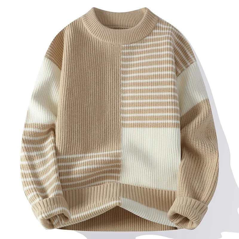 Threebooy Autumn Winter Fashion Patchwork Striped Knit Pullovers Men Youthful Vitality O-Neck Loose Warm Knitted Sweater Casual Pullover
