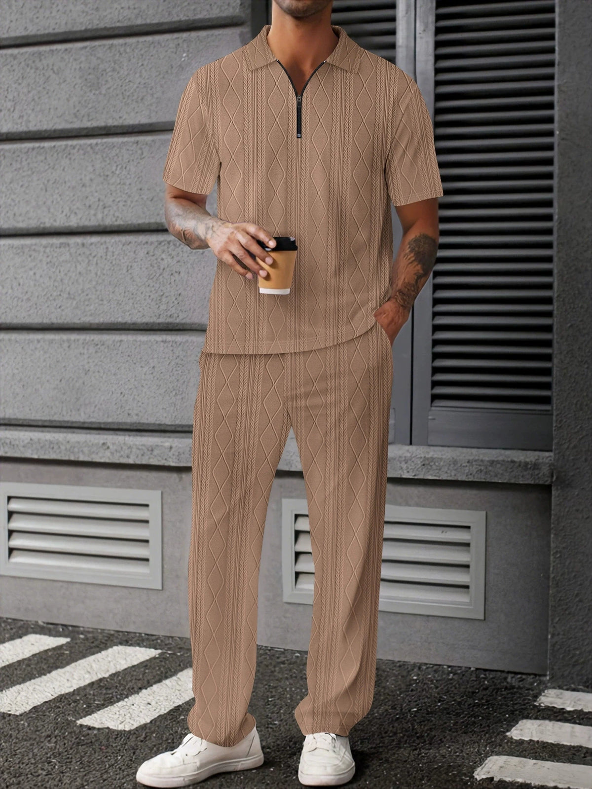 Threebooy  Jacquard textured knitted polo shirt, a fashionable and casual men's short-sleeved shirt and long pants two-piece set