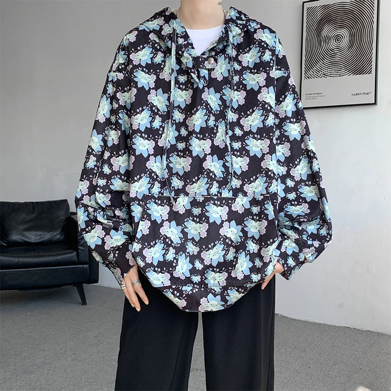 Threebooy Men Vintage Printed Hoodies Sweatshirt Fashion Streetwear Casual Men's Floral Loose Pullovers Pocket Hoodies Black/Khaki