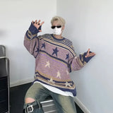 Threebooy Y2K Star Sweater Men Harajuku Striped Knitted Pullovers Jumpers Male Tops Oversize Purple Winter Streetwear Hip Hop