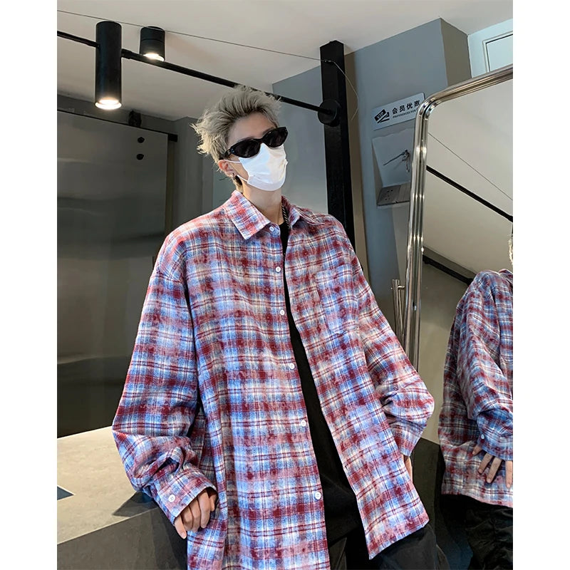 Threebooy Men Shirt Plaid Tie-dye Long Sleeve Mens Casual Loose Shirt Autumn High Quality Oversized Male Checked Shirt Red/Blue/Gray