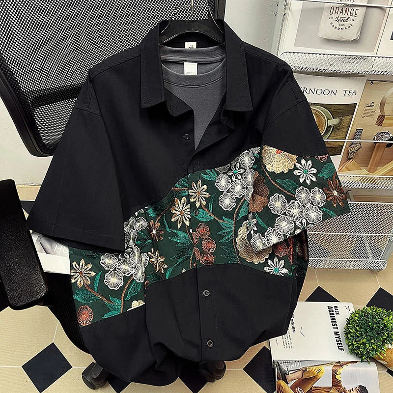 Threebooy  Summer Embroidered Shirts Men Fashion Casual Flower Shirts Mens Japanese Streetwear Loose Short Sleeve Shirts Men Plus Size