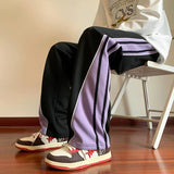 Threebooy Japanese Retro Casual Pants Men's Fitting Straight Leg Pants College Style Wide Striped Patchwork Drawstring Sweatpants Autumn