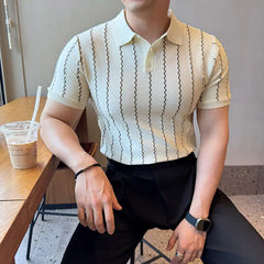 Threebooy  Summer Striped Men's Knitted T-shirt Ice Silk Short Sleeved Polo Shirt Men Casual Business Streetwear Tee Tops Men Clothing