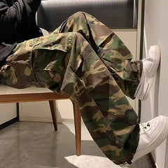 Threebooy Trendy Vintage Camouflage Cargo Pants Men's Loose-fit Straight-leg High Street Hip Hop Ins Hong Kong Style Wide-leg Trousers