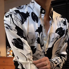 Threebooy  Spring Summer New Fashion Printed Shirts Men's Clothing Korean Style Loose Harajuku Blusa Polo Neck Long Sleeve Cardigan Tops
