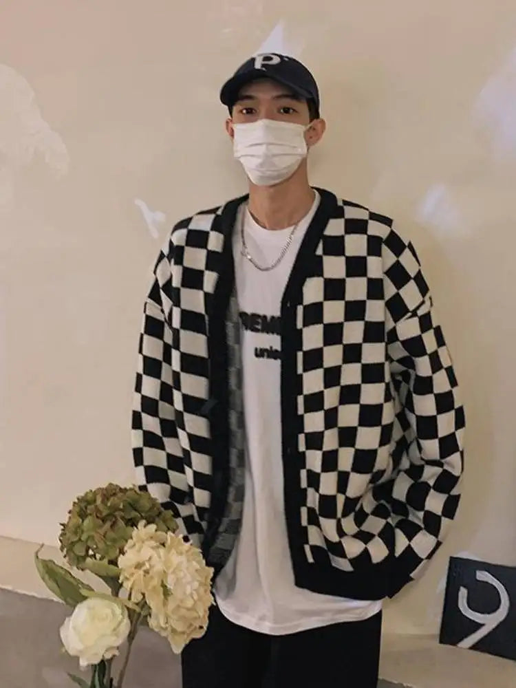 Threebooy Autumn Vintage Checkerboard Cardigan Long-sleeved Button Sweater Men's Preppy Casual Knitwear Jacket Unisex Streetwear