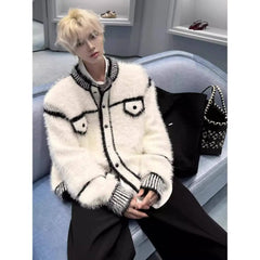 Threebooy American Punk Sweater Imitation Mink Velvet Cardigan Sweater Autumn Winter New Contrast Color High-end Versatile Knitted Jacket