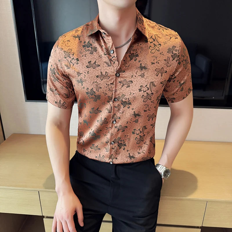 Threebooy  Summer New Men's Short Sleeved Shirt Fashion Jacquard Design Ice Silk Cool Slim Fit Social Party Tailcoat Shirt Size M-4XL
