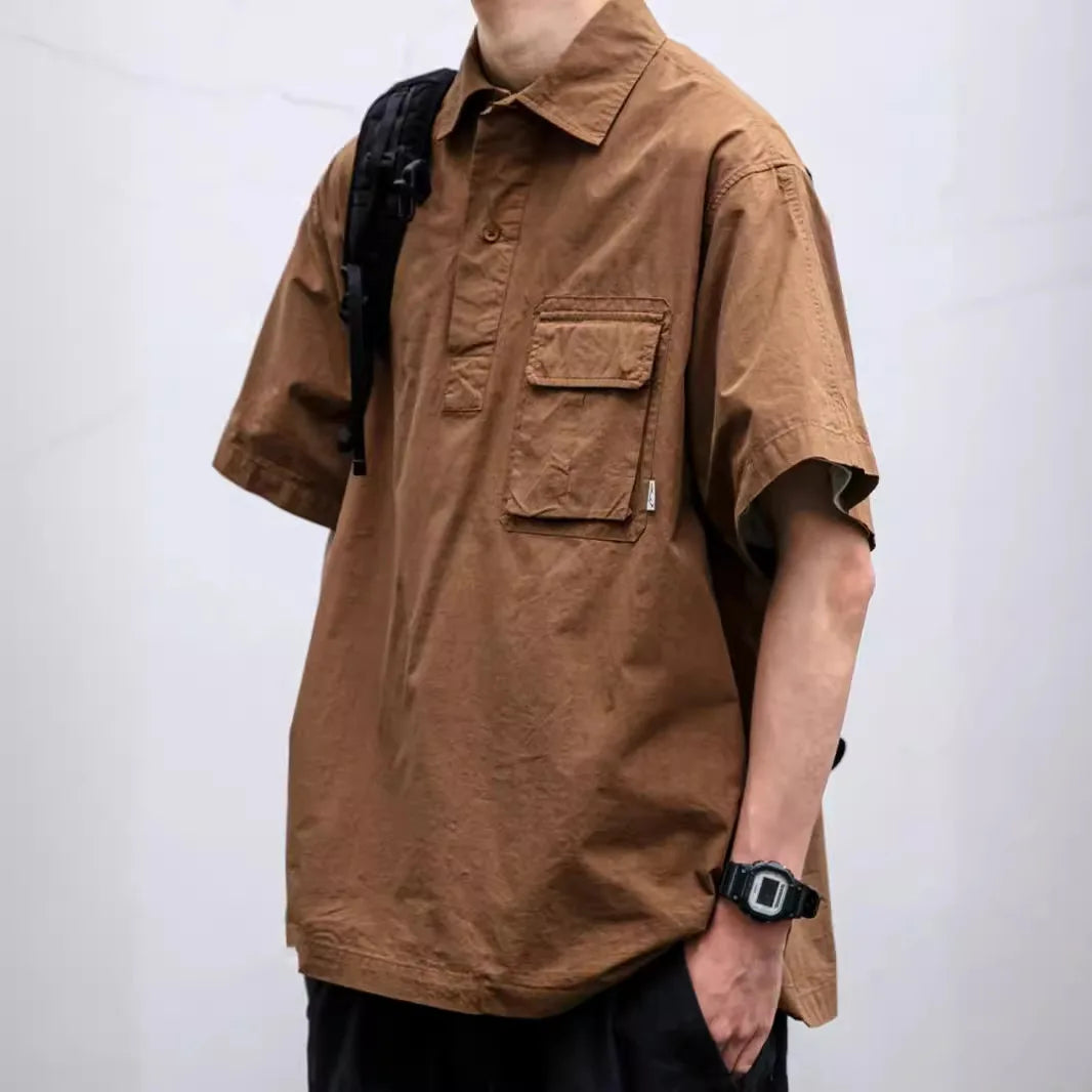 Threebooy  Japanese retro workwear pullover short-sleeved shirt men's summer fashion brand outdoor trend loose casual shirt jacket trend