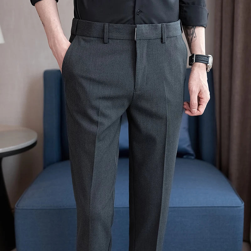 Threebooy Men Thin Business Solid Color Slim Casual Formal Office Trousers Male Summer Stretch Ankle-Length Suit Pants Plus Size 28-36