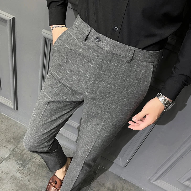 Threebooy Spring Summer New Plaid Dress Pants Men Clothing Business Formal Wear Slim Fit Office Trousers 36 38