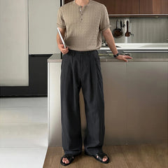 Threebooy  Men's Korean Light Luxury Draped Linen Wide Leg Pants Leisure Button-down Solid Color Straight Premium Elegant Sweatpants M-3XL