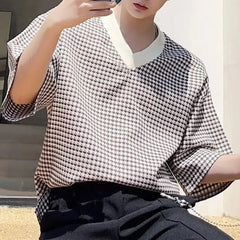 Threebooy Mens Houndstooth Casual T-Shirt Genderless 2024 New Fashion Temperament Versatile Commuting Simple Short Sleeve Top Unisex