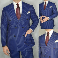 Threebooy  Navy Blue Men's Suit 2 Pieces Blazer Pants Double Breasted Peaked Lapel Pinstripes Business Modern Wedding Groom
