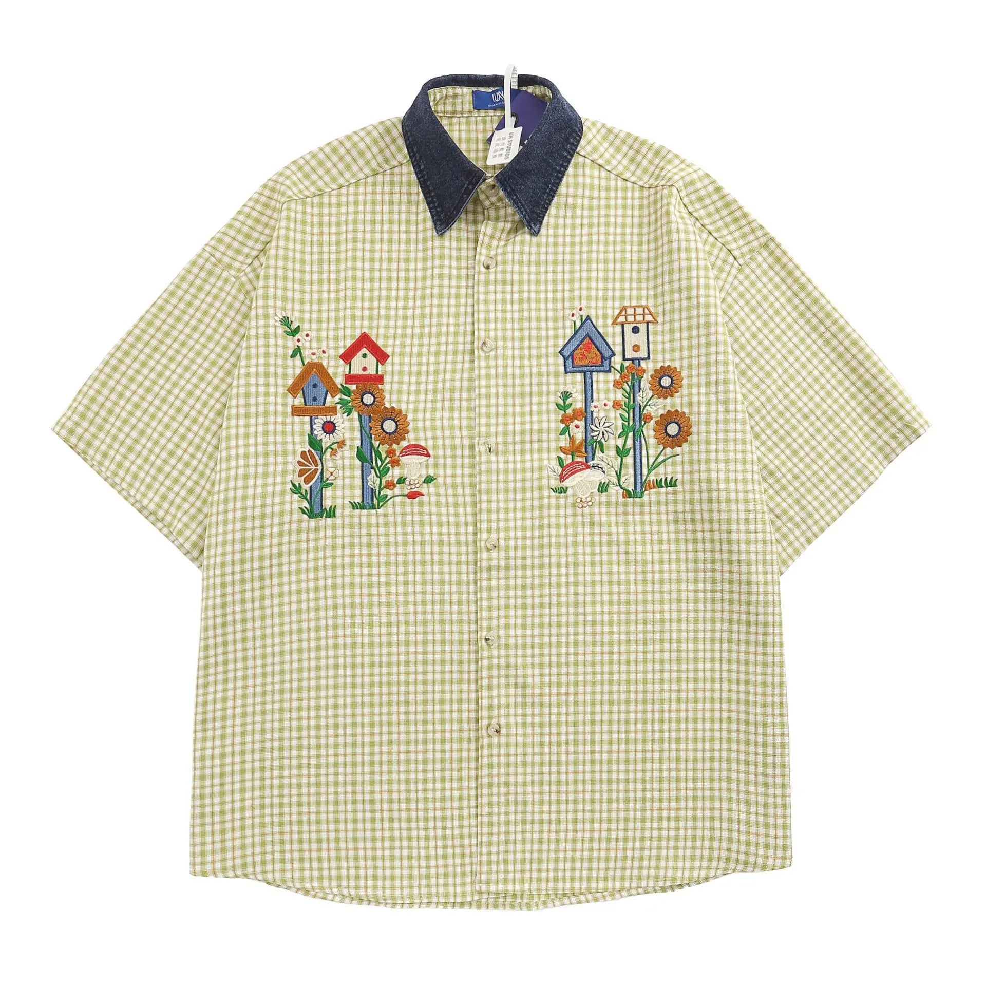 Threebooy  Summer Japanese Retro Patchwork Denim Collar Plaid Short Sleeved Embroidery Shirt for Men and Women Loose Design and Trendy Top