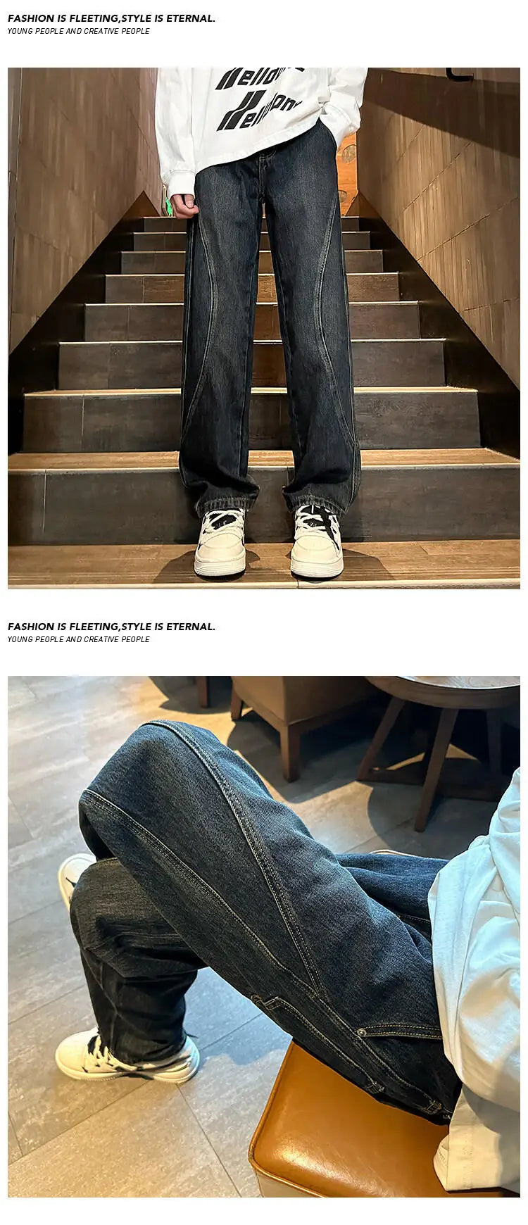 Threebooy Straight Leg Jeans Men Washed Solid Trousers Panel Design Denim Pants Autumn Fall Male Wear New 2025 High-quality denim pants