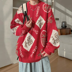 Chinese style sweater men Autumn Winter New loose knitted pullover Fashion Chinese Blessing Language Pattern Christmas New Year