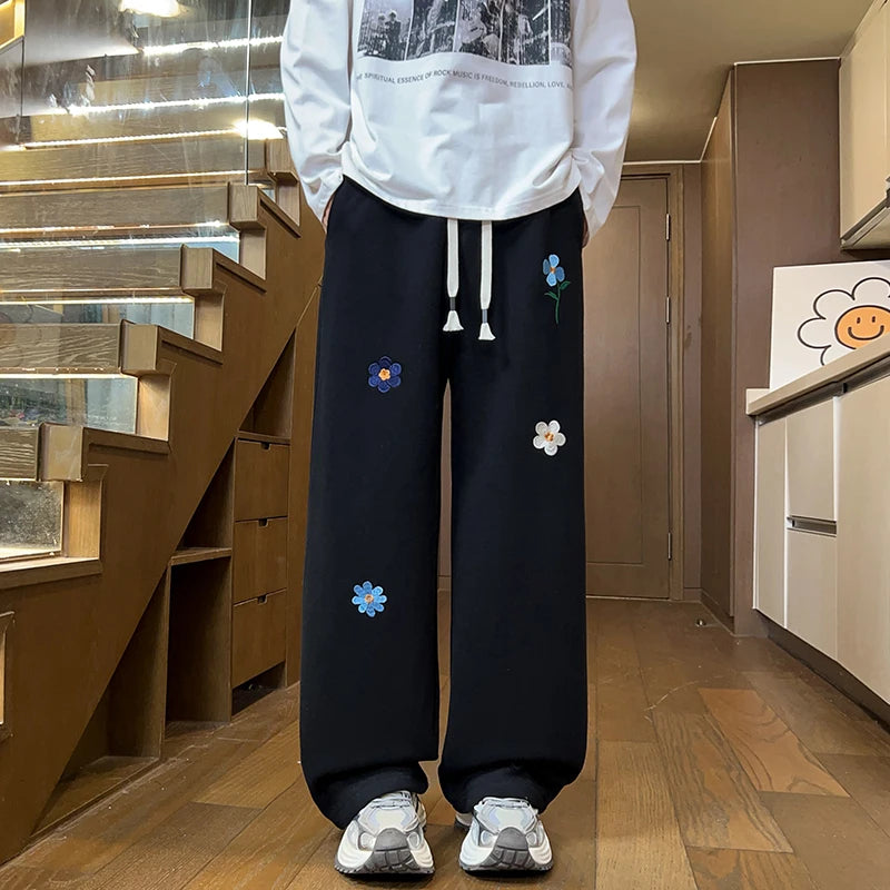 Threebooy Black Casual Pants Men Fashion Embroidered Flower Sweatpants Men Streetwear Hip-hop Loose Wide Leg Pants Mens Joggers Trousers