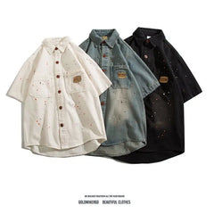 Threebooy American hip-hop men and women trendy splashed ink denim shirt for couples loose retro high-end wide casual top harajuku y2k