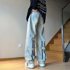 Threebooy American Zipper Design for Men's Jeans Street Hip-hop Straight Tube Loose Wide Leg Pants Y2K Pants Baggy Jeans