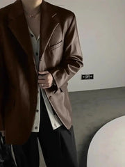 Threebooy American Leather Jacket Retro Outfit Handsome High-end Men's Niche Shoulder Pad Suit Black PU Leather Jacket Chic Streetwear