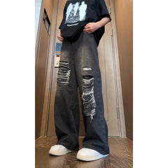 Threebooy Beggar jeans men Vintage Streetwear Ripped Hole Jeans Men Women Harajuku Aesthetic Wide Leg Denim Trousers Unisex Straight Pants