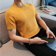 Threebooy  clothing Men Summer High Quality Casual Knit T-Shirts/Male Slim Fit Solid Color Short Sleeve  knit T-shirt S-3XL