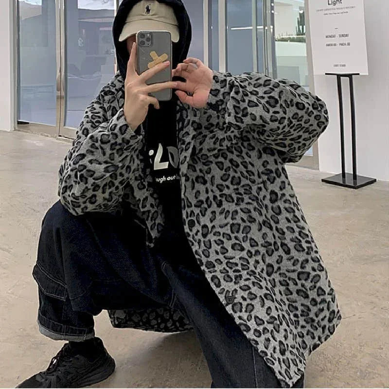 Threebooy Retro leopard print casual jacket men's autumn spring Korean trend handsome elegant temperament high street coat cool streetwear