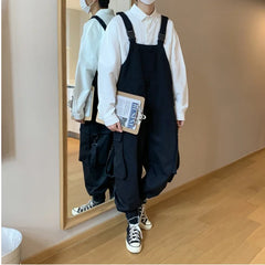 Threebooy Suspenders Jumpsuit Pants Men Summer Overalls Japanese Loose Straps Casual Pockets Unisex Oversize Streetwear Solid Man Clothing