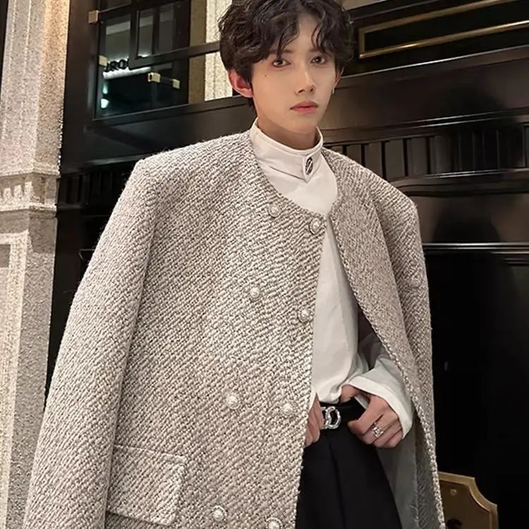 Threebooy  Spring Autumn Collarless Shoulder Pad Suit Double-row Jacket Streetwear Versatile Short Handsome High-end Elegant Woolen Jacket