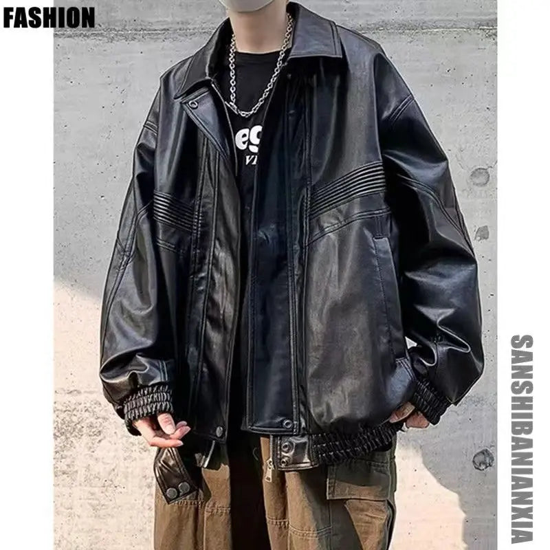 Threebooy Oversized VIntage Men's Leather Jackets PU Biker Coat Autumn Faux Leather Bomber Jacket 90s Big Pockets Windbreaker Overcoat