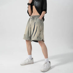 Threebooy Yellow Mud Vintage Denim Shorts Men's Water Wash Fashion Brand American Vintage Loose Street Hip Hop Split Pants