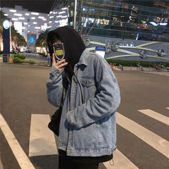 Threebooy Light Blue Black 2025 Fashion Casual Hip Hop Loose Denim Single-breasted Lapel Multi-pocket Youth Male Teenager Men's Hem Jacket