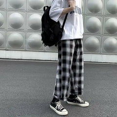 Threebooy Men Plaid Pants Ankle Length Loose Wide Leg Pant All-match Elastic Waist Fashion Casual Trousers Harajuku Korean Streetwear