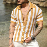 Threebooy Knitted Shirts Mens Fashion Hollow Out Breathable Beach Cardigan Shirt Short Sleeve Mens Summer Button Lapel Casual Knit Shirts