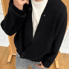 Threebooy  Winter Korean Fashion Slanted Button Cardigan For Man Casual Loose V-neck Knitted Sweaters High Street Y2K Knitwear Jacket