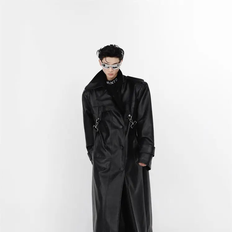 Threebooy Niche Pu Leather Coat Metal Zipper Double-layer Splicing Design Windbreaker Over Knee Jacket Men High Street Top Punk Streetwear