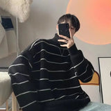 Threebooy Knit Sweater Male White Pullovers Turtleneck Striped Men's Clothing High Collar Black Overfit Classic Y2k Streetwear Winter 2024