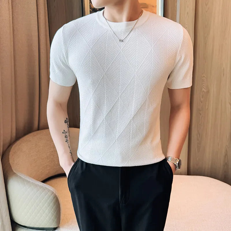 Threebooy  Summer Korean Knitted T-shirt Men Slim Short Sleeve Knitted Pullover Sweater Daily Casual Tshirts Round Neck Business Base Shirt
