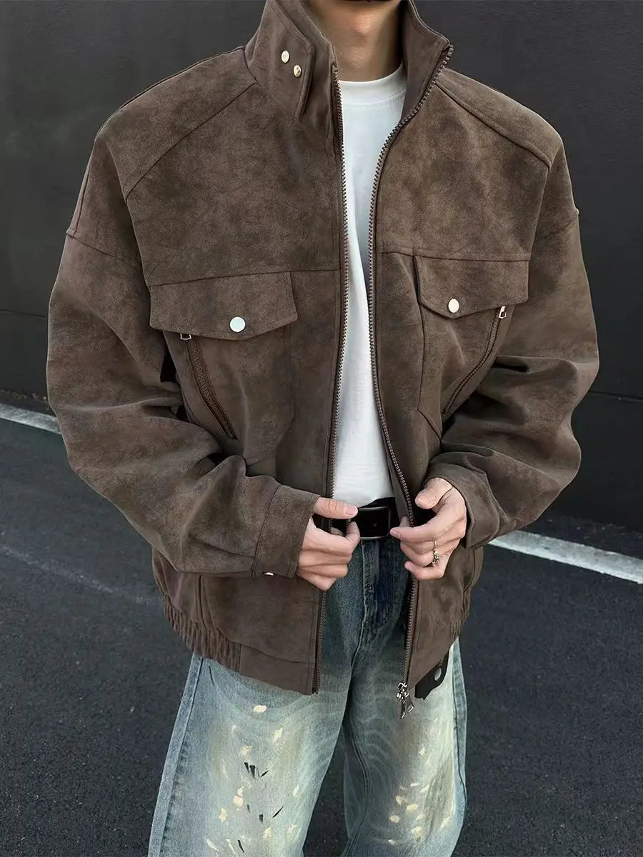 Threebooy Street Zipper Jacket High-end Handsome Stand-up Collar Coat American 2025 Retro Handsome Work Jacket Loose Top Urban