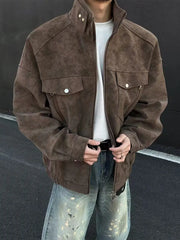 Threebooy Street Zipper Jacket High-end Handsome Stand-up Collar Coat American 2025 Retro Handsome Work Jacket Loose Top Urban
