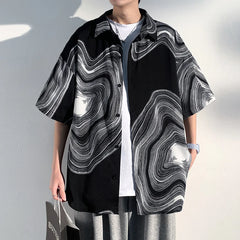 Threebooy  Summer Short Sleeve Shirt Men Fashion Retro Print Shirt Men Loose Black White Ice Silk Shirts Mens Hawaiian Shirt Large Size