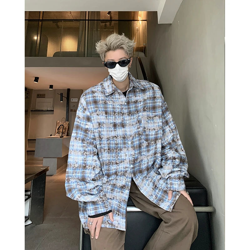 Threebooy Men Shirt Plaid Tie-dye Long Sleeve Mens Casual Loose Shirt Autumn High Quality Oversized Male Checked Shirt Red/Blue/Gray
