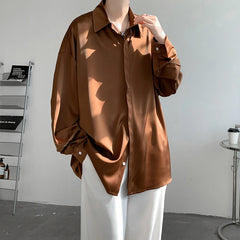 Threebooy Korean Fashion Ice Silk Shirts for Men Spring Summer Solid Color Long Sleeve Casual Loose Comfortable Button Up Shirt 5XL-M