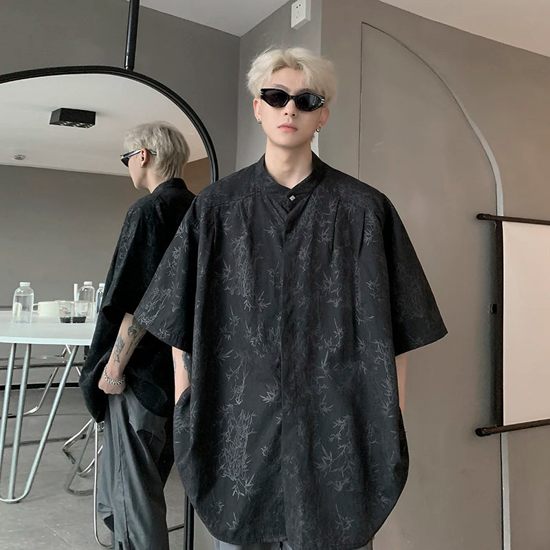 Threebooy Harajuku Blouses Men Bamboo Leaf Print Shirt Streetwear Button Up Short Sleeve Shirts Chinese Style Tops Unisex Cool Summer