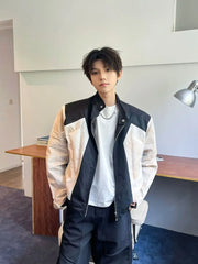 Threebooy American High Street Design Contrast Color Old Silhouette Shoulder Pad Jacket Men's Hipphop Trendy Handsome Motorcycle Jacket