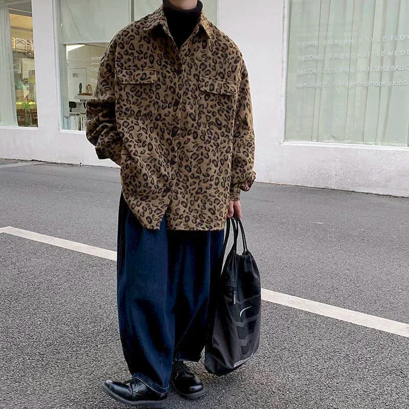 Threebooy Retro leopard print casual jacket men's autumn spring Korean trend handsome elegant temperament high street coat cool streetwear