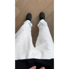 Threebooy Men's White Black Flared Cargo Jeans Fashion High Street Bell Bottom Loose Straight Denim Pants